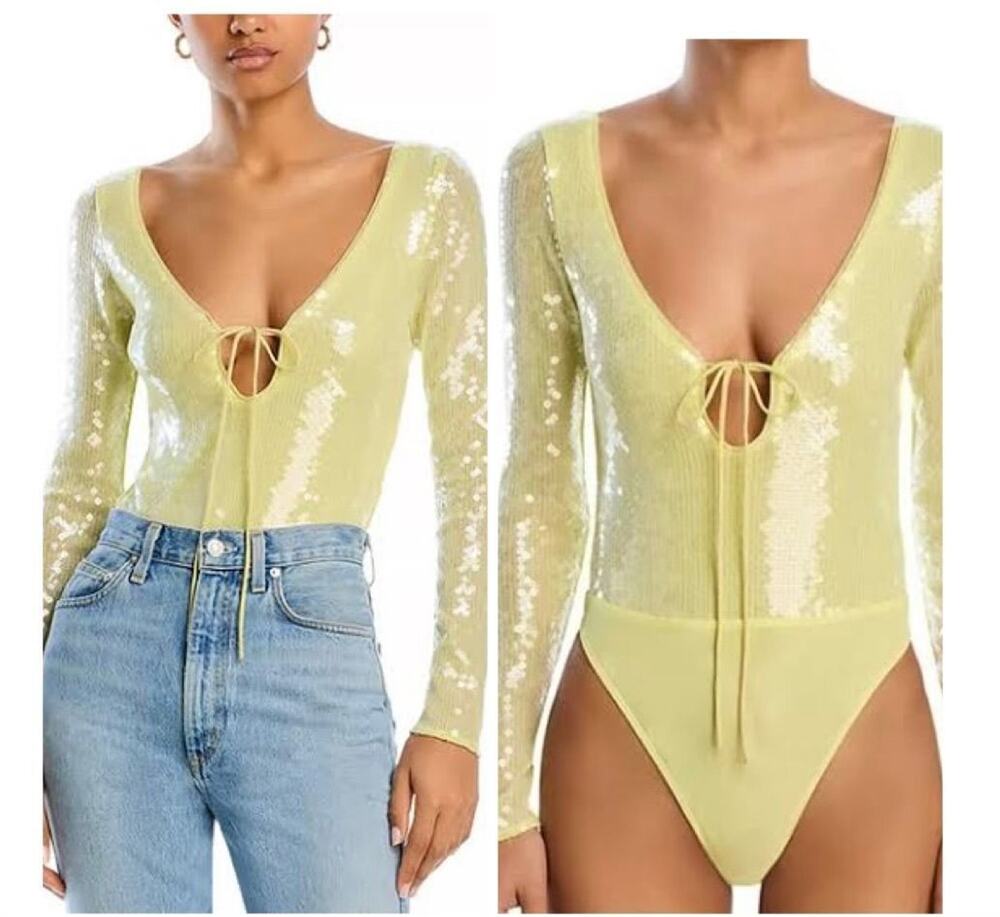 NWT $119 Bardot Verona Sequined Bodysuit Top Women's 6 Canary Yellow